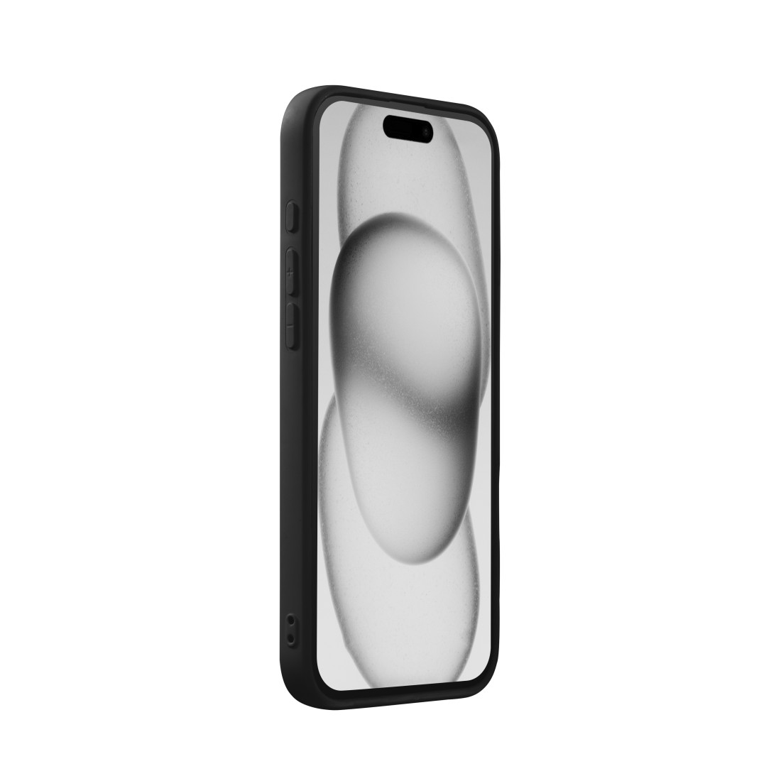 Ein schwarzes Telefon in einer Hülle, Seitenansicht. Das Telefon hat einen schwarzen Rahmen.