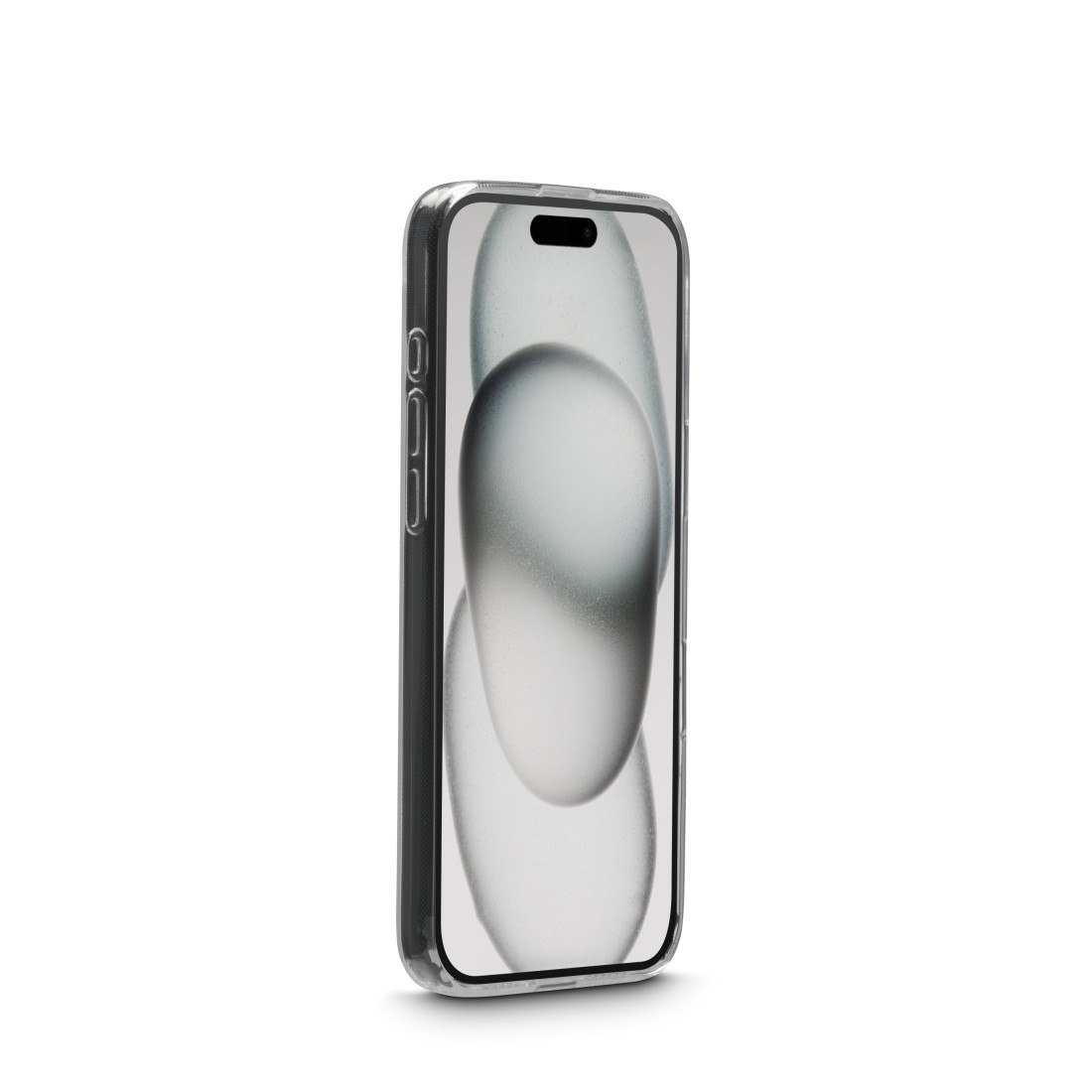iPhone in einer transparenten Hülle. Zeigt den Bildschirm und die Seite mit Knöpfen. Weißer Hintergrund.