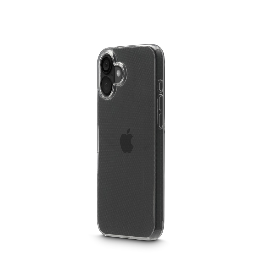 Transparente Handyhülle mit schwarzem Telefon, zeigt Kamera und Apple-Logo.
