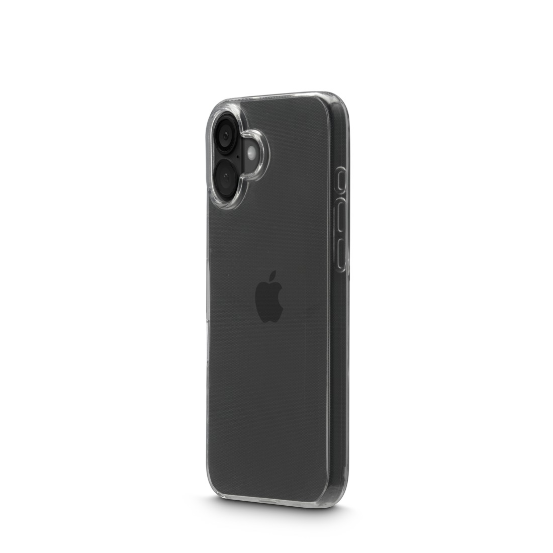 Transparente Handyhülle mit Telefon, auf weißem Hintergrund. Rückseite des Telefons sichtbar.