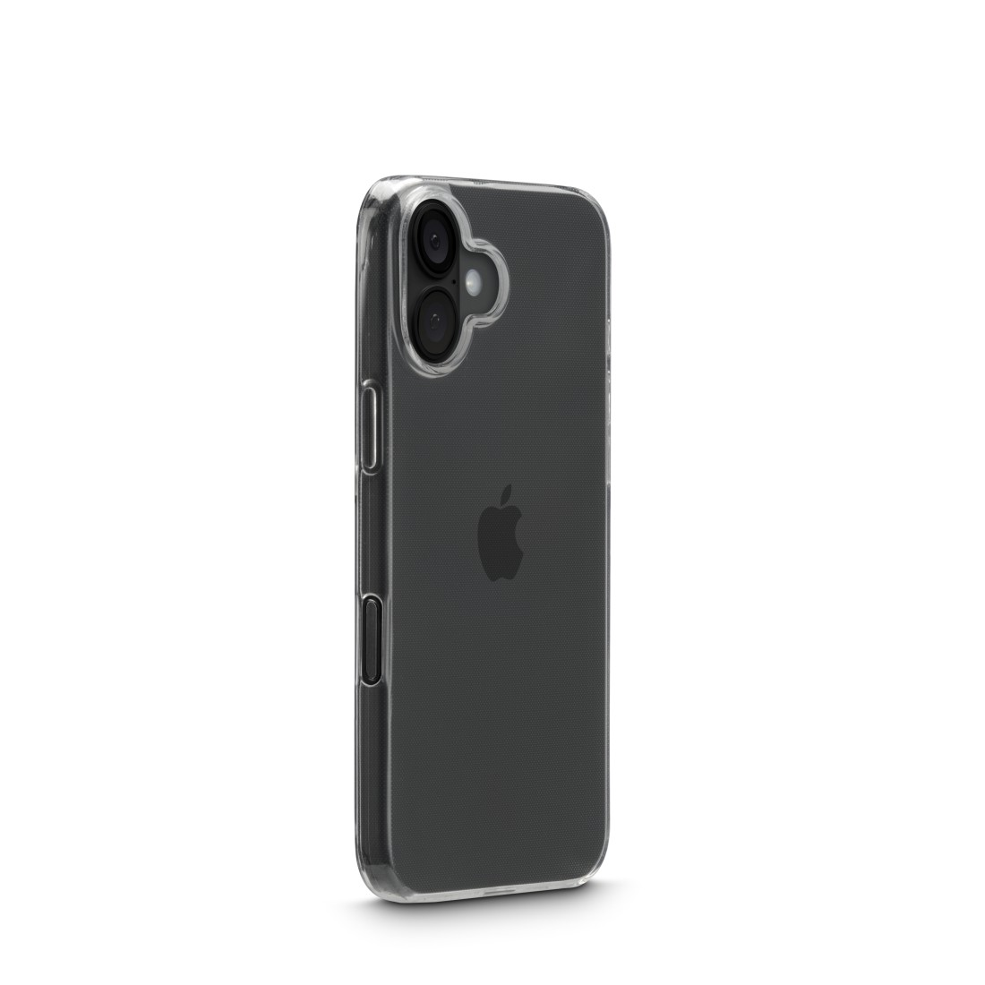 Transparente Handyhülle, Seitenansicht, mit Kameraausschnitt. Zeigt das Apple-Logo.
