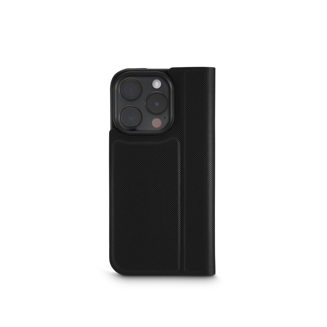 Geschlossene schwarze Telefonhülle mit Kameraausschnitt.