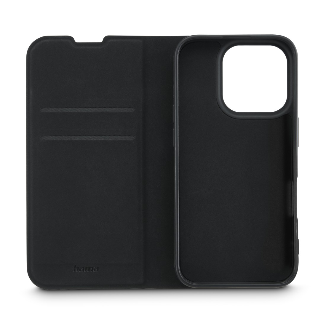 Schwarze iPhone-Hülle, offen. Zeigt das Innere mit Kartenfächern und Telefonhalter. Weißer Hintergrund.