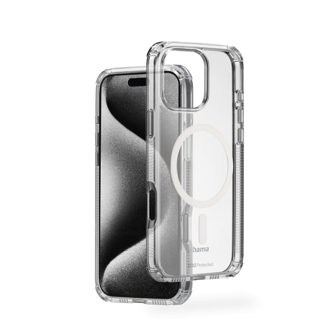 Transparente Handyhülle mit einem schwarzen iPhone. Die Hülle hat einen weißen Ring für MagSafe.