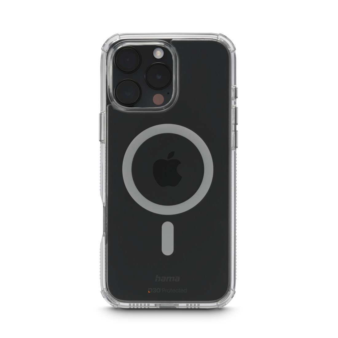 Transparente Handyhülle mit schwarzem Telefon, zeigt Apple-Logo. Weißer Hintergrund.