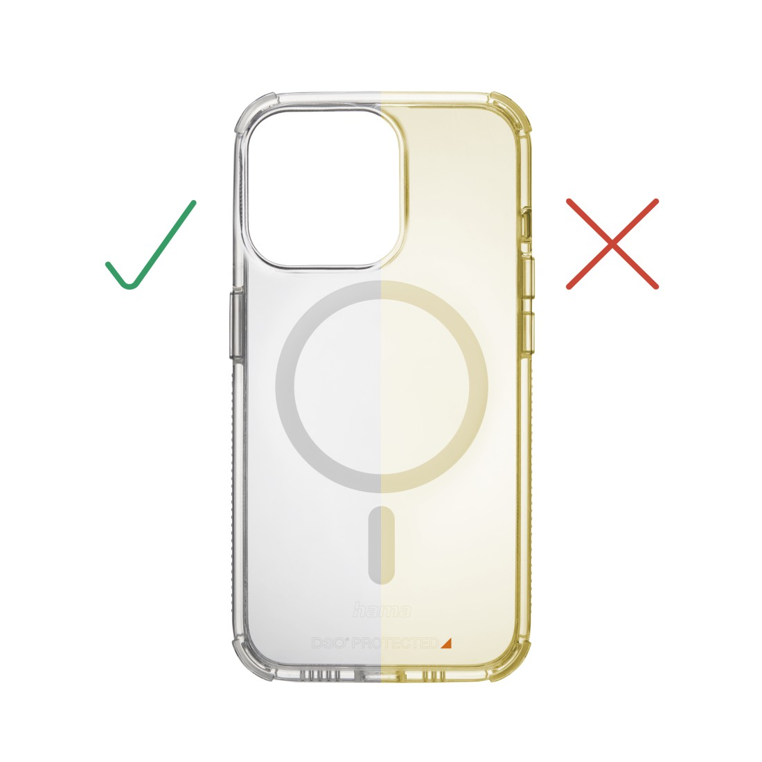 Transparente Handyhülle, Rückseite zeigend. Grüner Haken und rotes X für Passform.