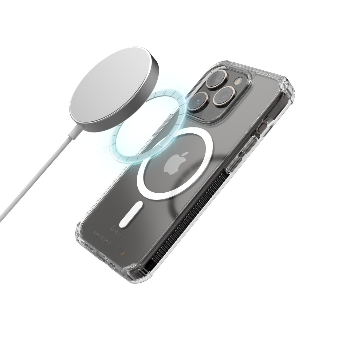 Telefon in einer transparenten Hülle mit einem silbernen Ladegerät. Das Ladegerät schwebt über dem Telefon.