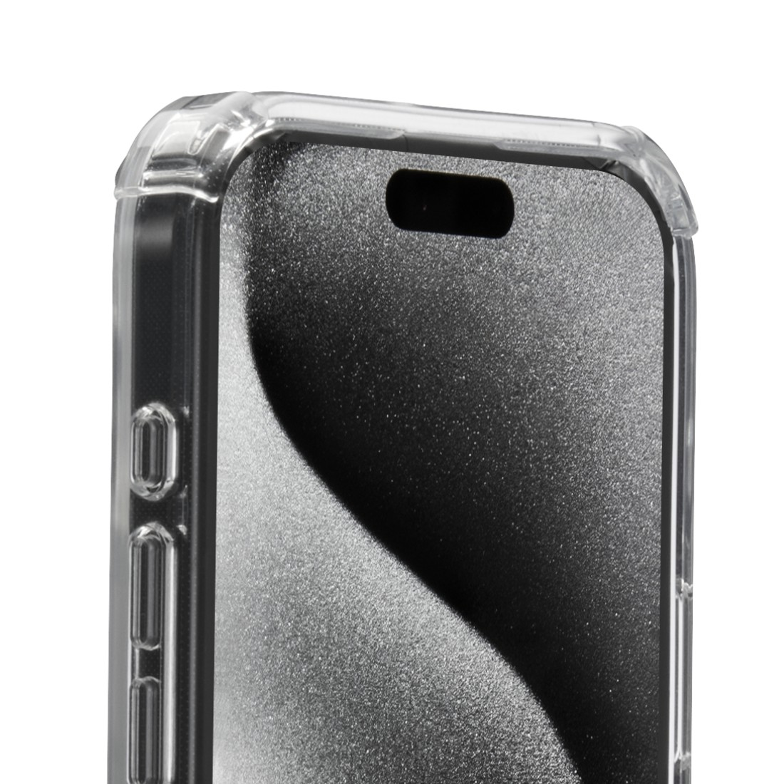 Nahaufnahme der Handyhülle mit Telefon. Transparente Hülle bedeckt Bildschirm und Kamera.