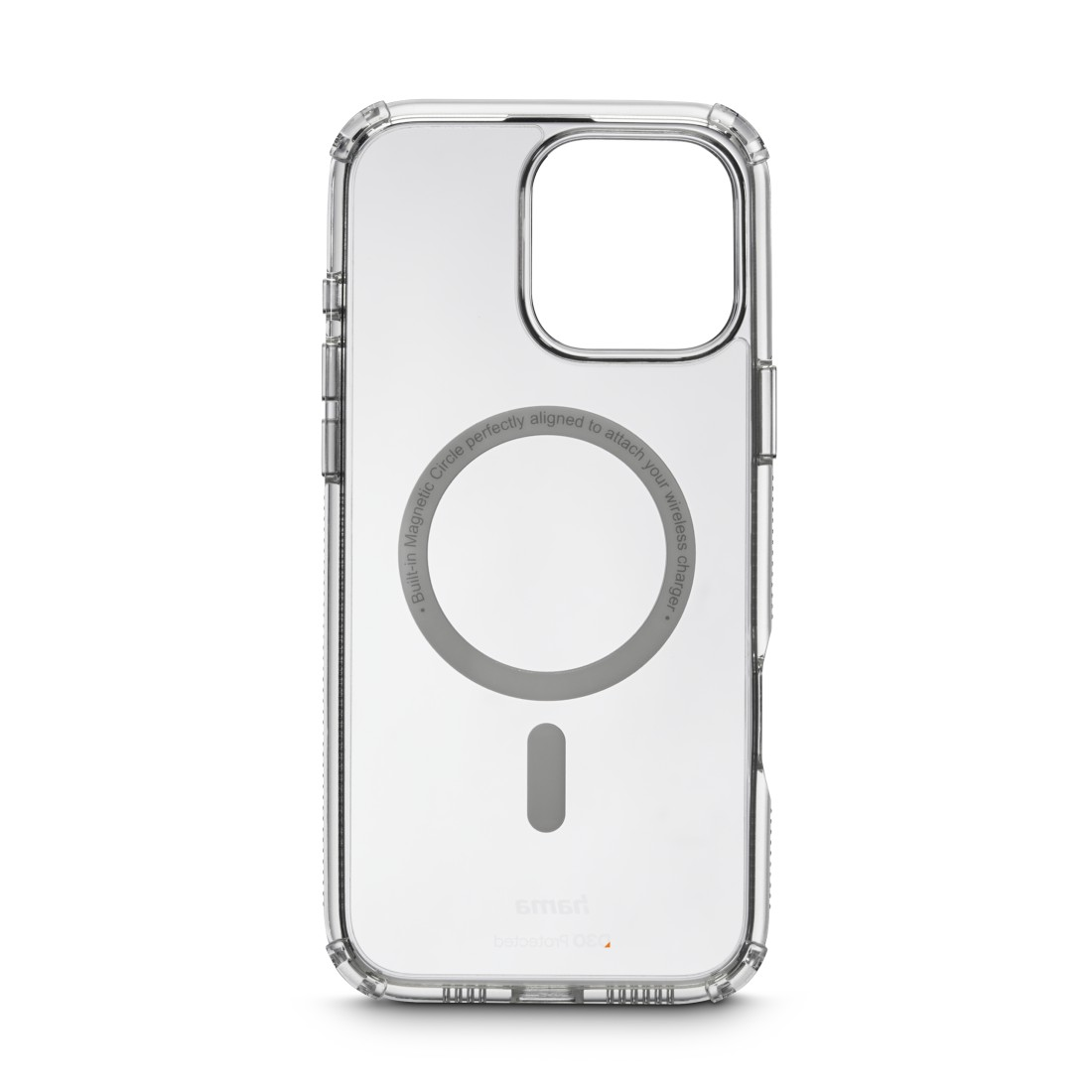 Transparente Handyhülle mit MagSafe-Kreis und Kameraausschnitt.