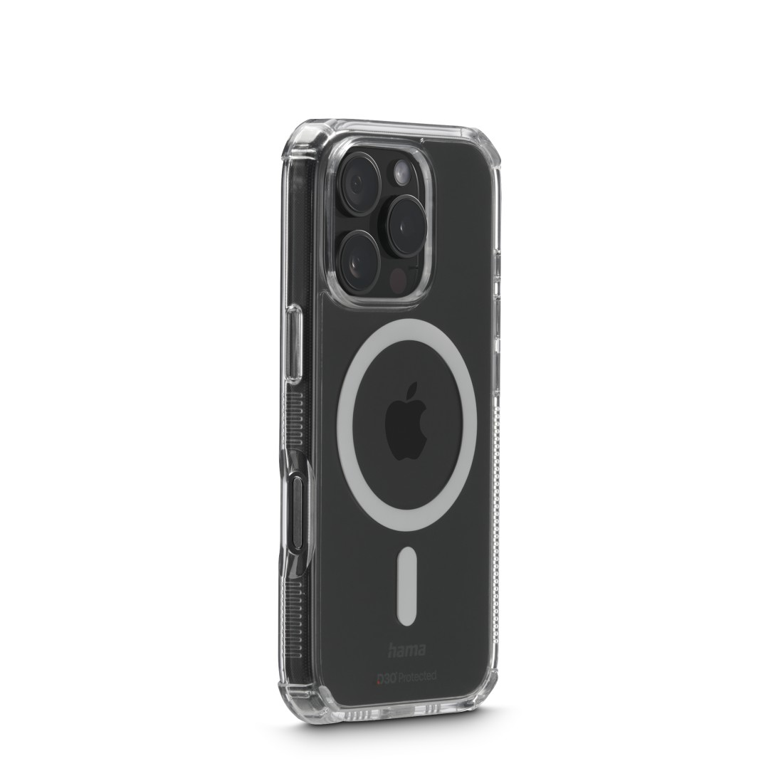iPhone in einer transparenten Schutzhülle mit sichtbarem Apple-Logo und schwarzer Kamera. Weißer Hintergrund.