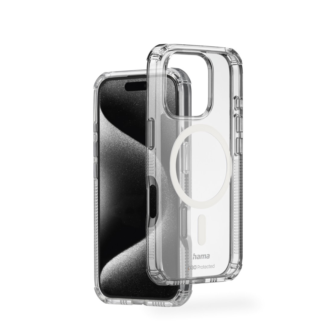 Transparente Handyhülle mit einem Telefon darin, die Hülle ist offen.