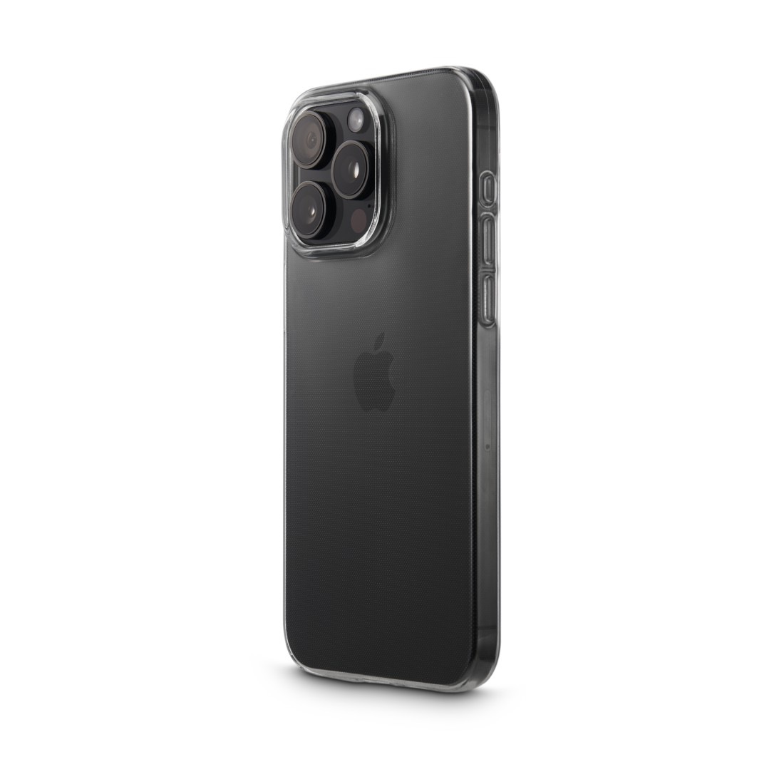 Ein schwarzes Telefon in einer durchsichtigen Hülle, das die Rückseite mit Kameras und dem Apple-Logo zeigt.