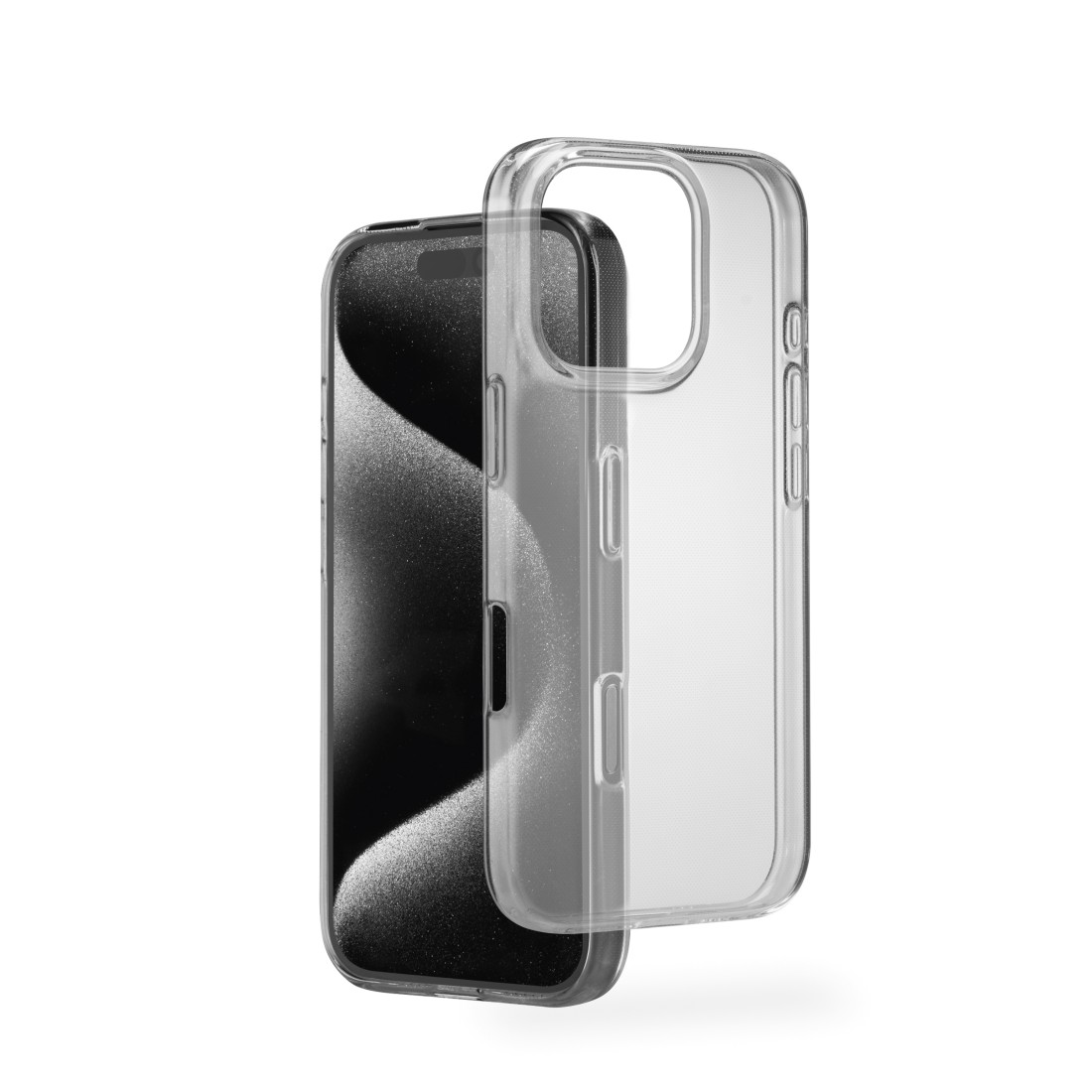 Ein Telefon und eine transparente Handyhülle nebeneinander. Die Handyhülle ist offen.