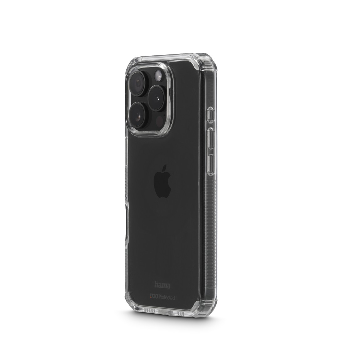 iPhone in einer transparenten Hülle mit schwarzem Kamerarahmen, auf weißem Hintergrund.