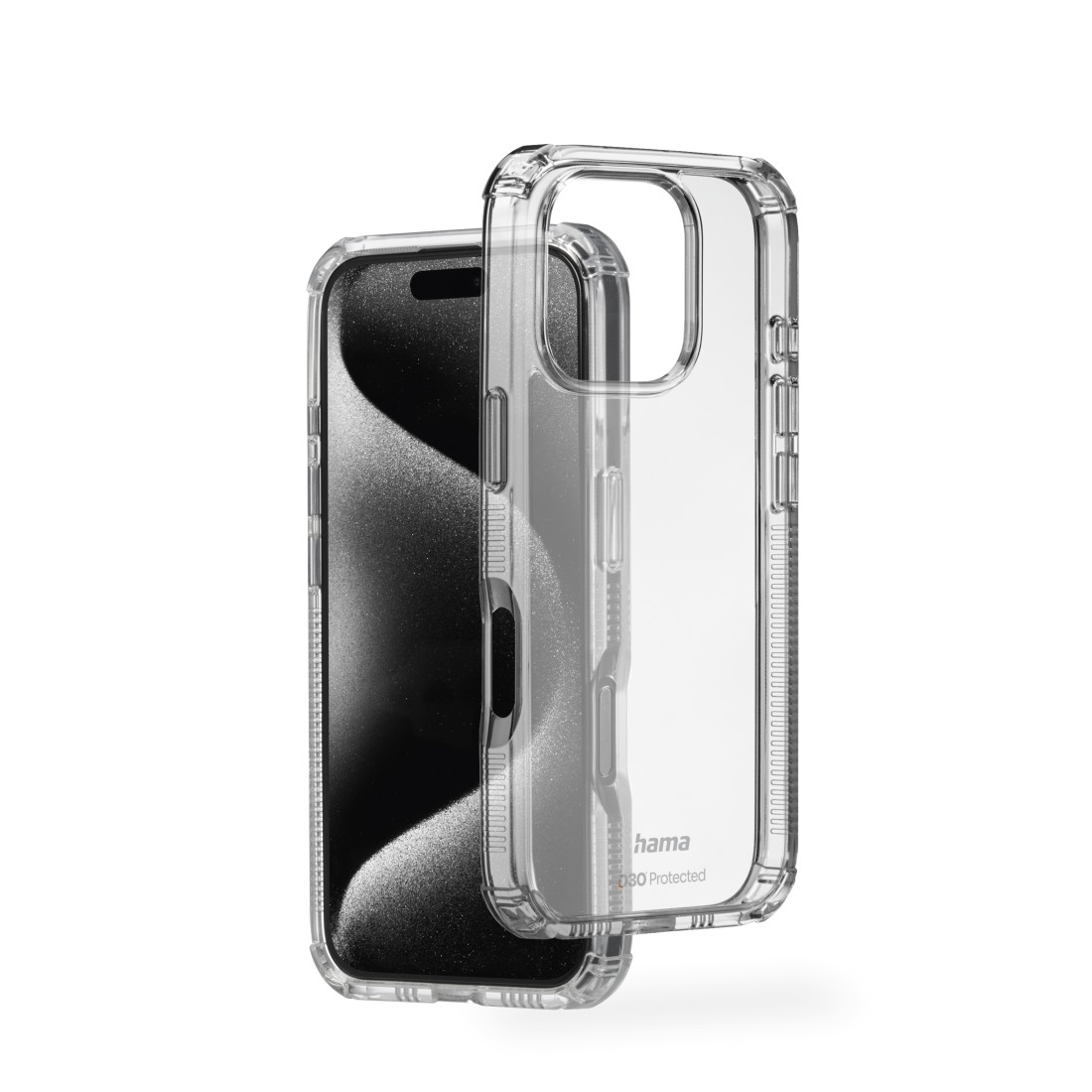 Transparente Handyhülle neben einem schwarzen Telefon. Die Hülle ist offen und zeigt ein Telefon.