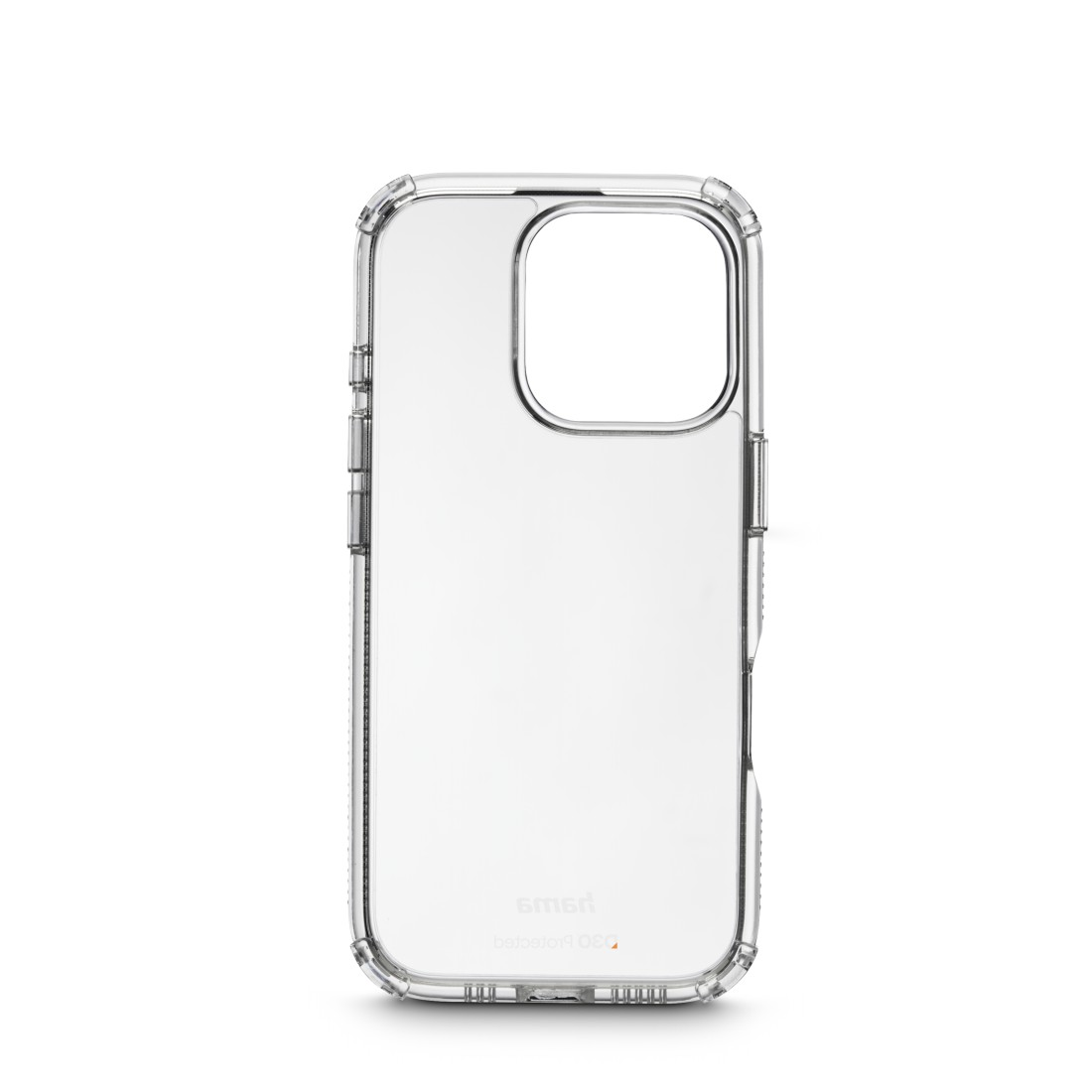 Transparente Handyhülle. Die Hülle bedeckt das Telefon. Weißer Hintergrund. Die Hülle hat eine glatte Oberfläche.