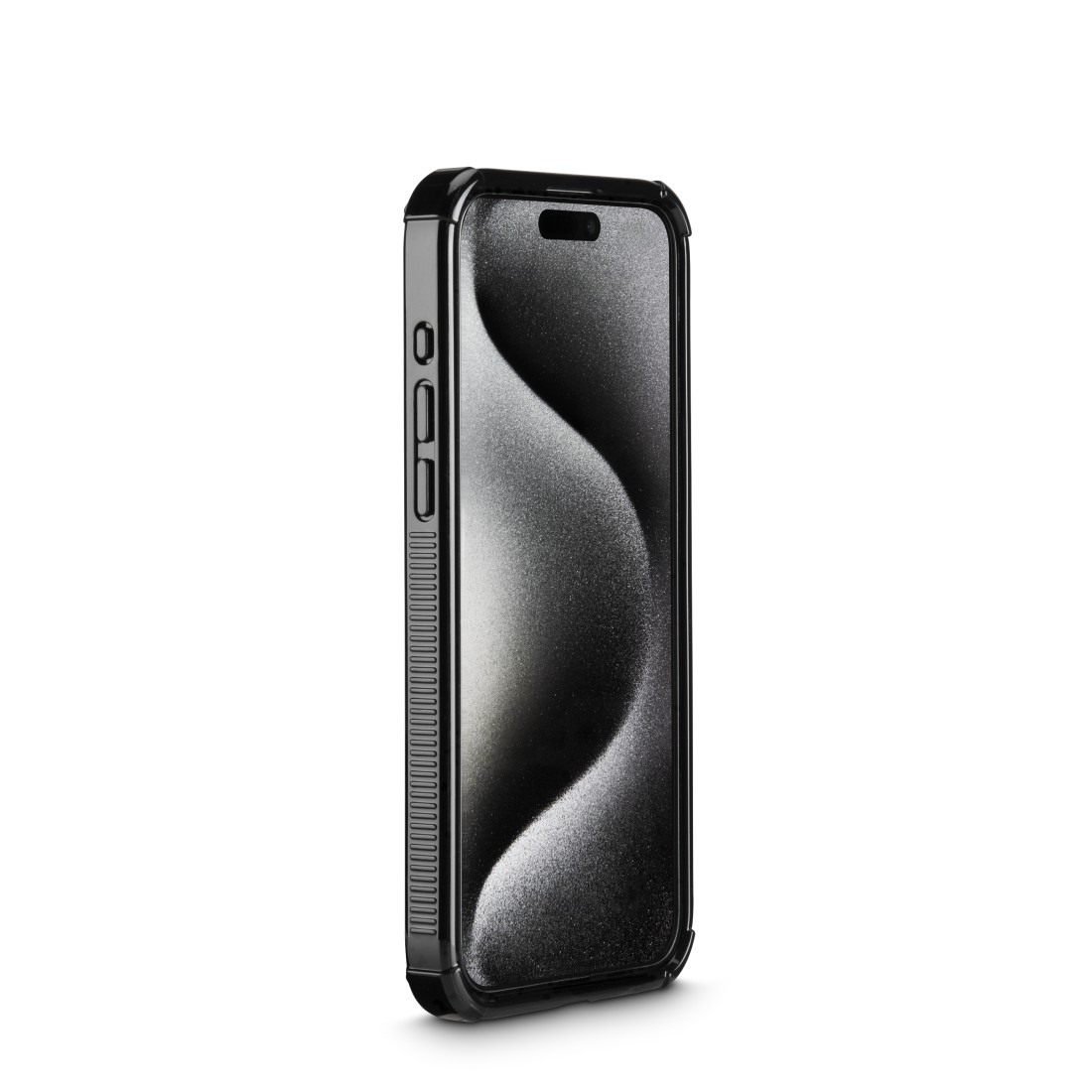 Schwarzes Smartphone mit Hülle, schräge Ansicht. Bildschirm zeigt schwarz-graues Design.