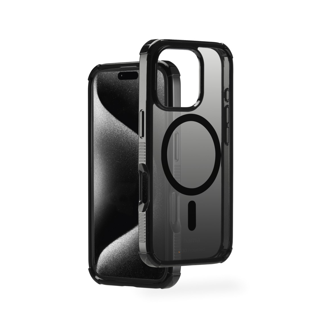 Schwarzes Telefon mit durchsichtiger Hülle, zeigt die Rückseite des Telefons mit einem schwarzen Ring. Weißer Hintergrund.