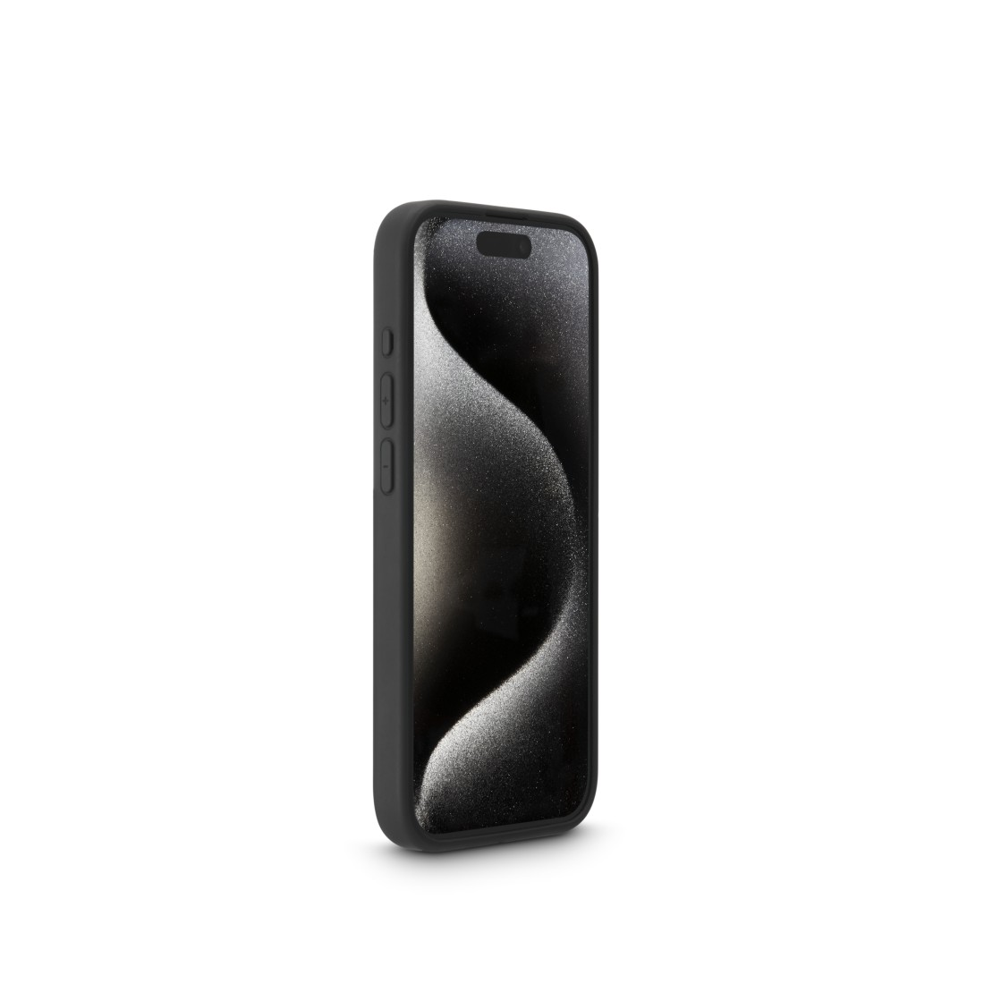 Schwarzes Telefon mit gebogenem Bildschirm und schwarzem Gehäuse.