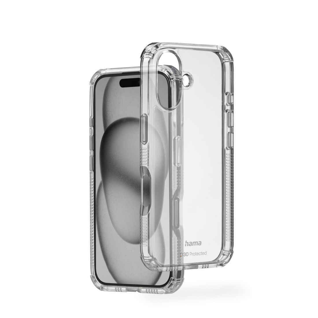 Transparente Handyhülle mit Telefon. Hama Logo. Schutzdesign mit Kameraöffnung.