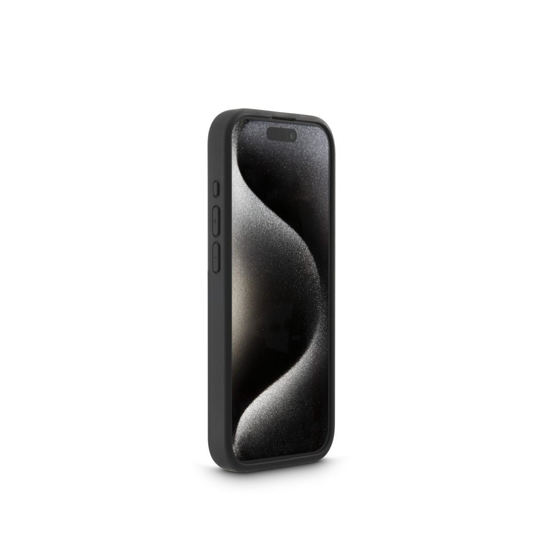 Ein schwarzes iPhone, von der Seite gesehen. Der Bildschirm zeigt einen dunklen, verschwommenen Hintergrund.