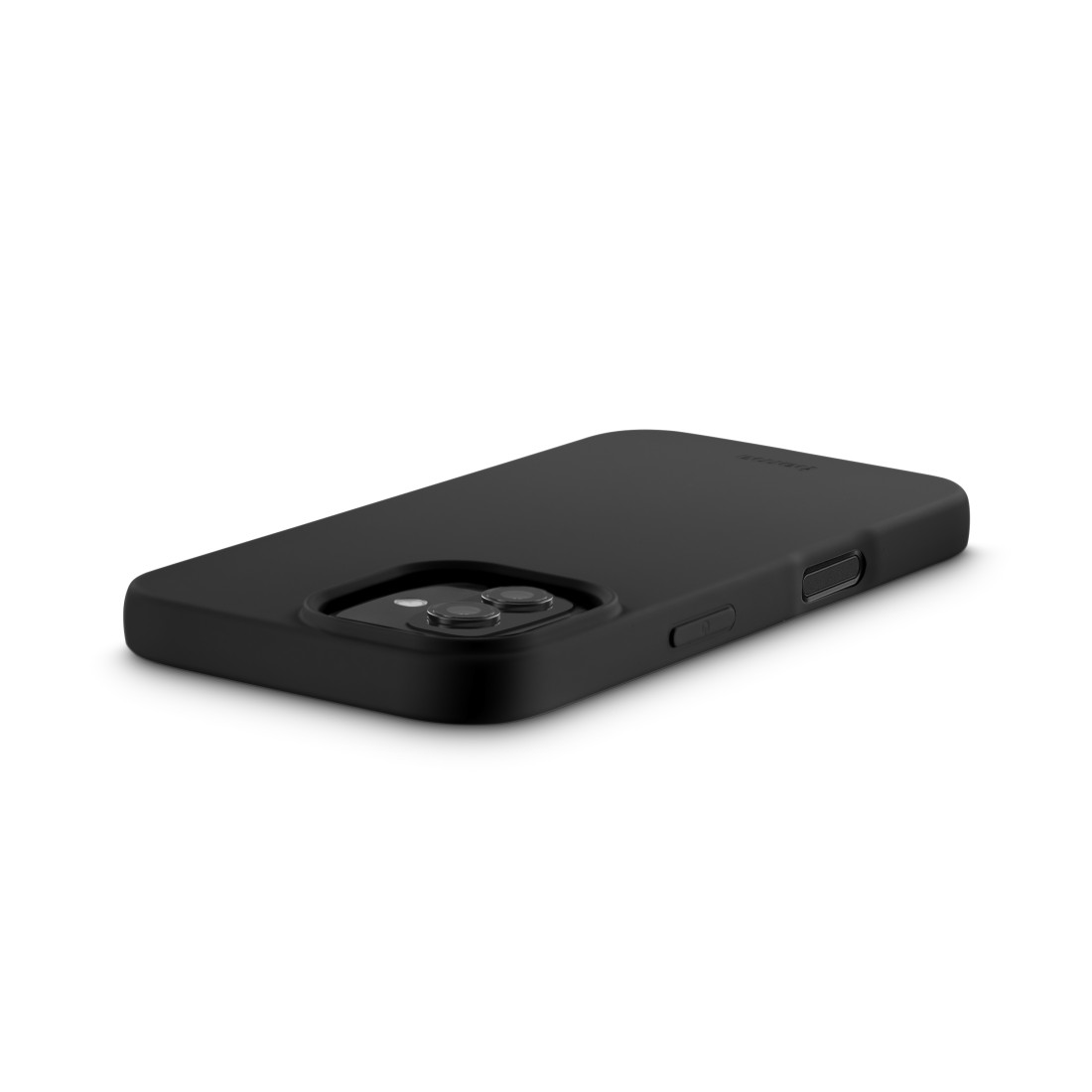 Schwarze Handyhülle. Die Hülle hat eine glatte, matte Oberfläche und bedeckt die Rückseite des Telefons.