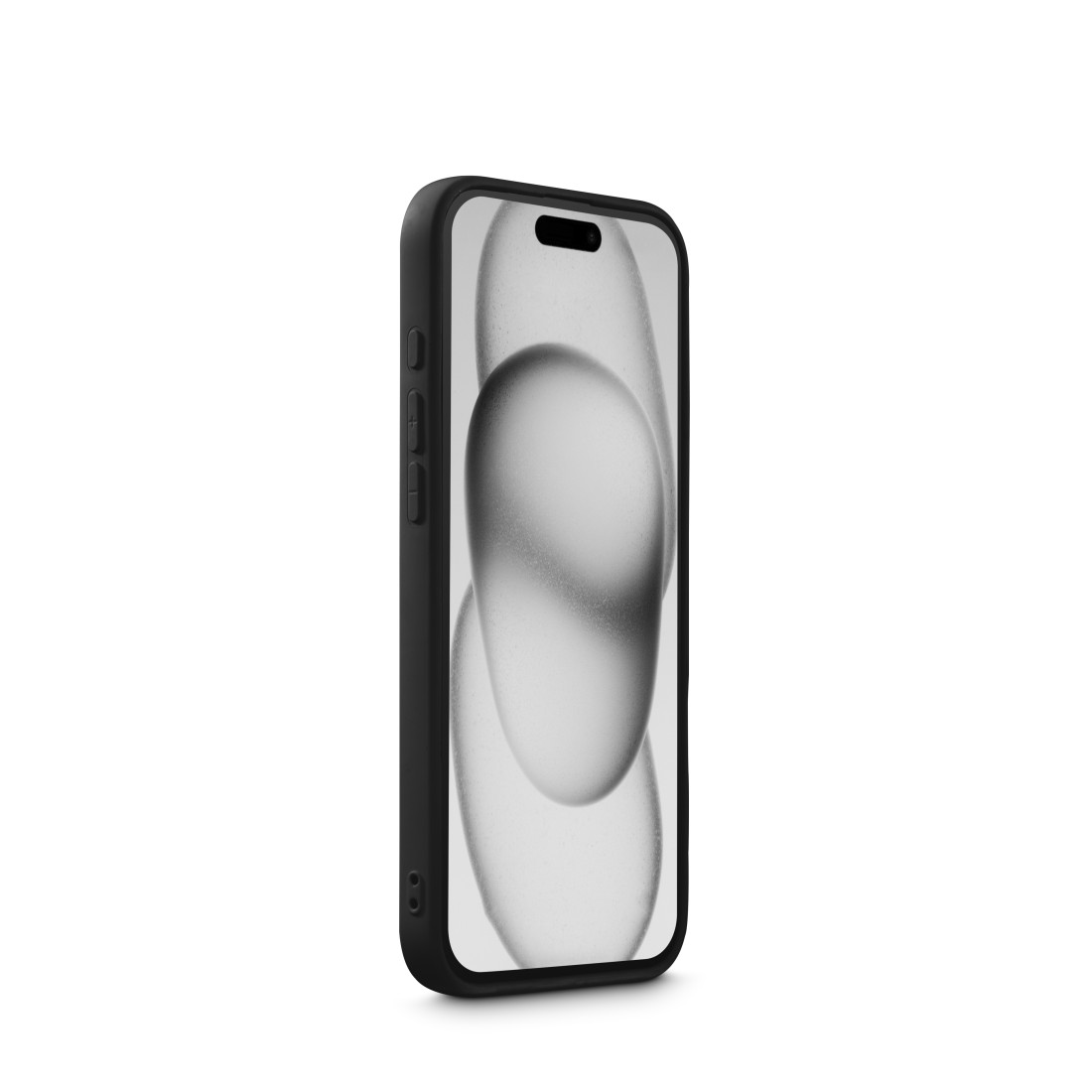 Ein schwarzes Telefon mit Hülle, mit einem unscharfen Bild auf dem Bildschirm.