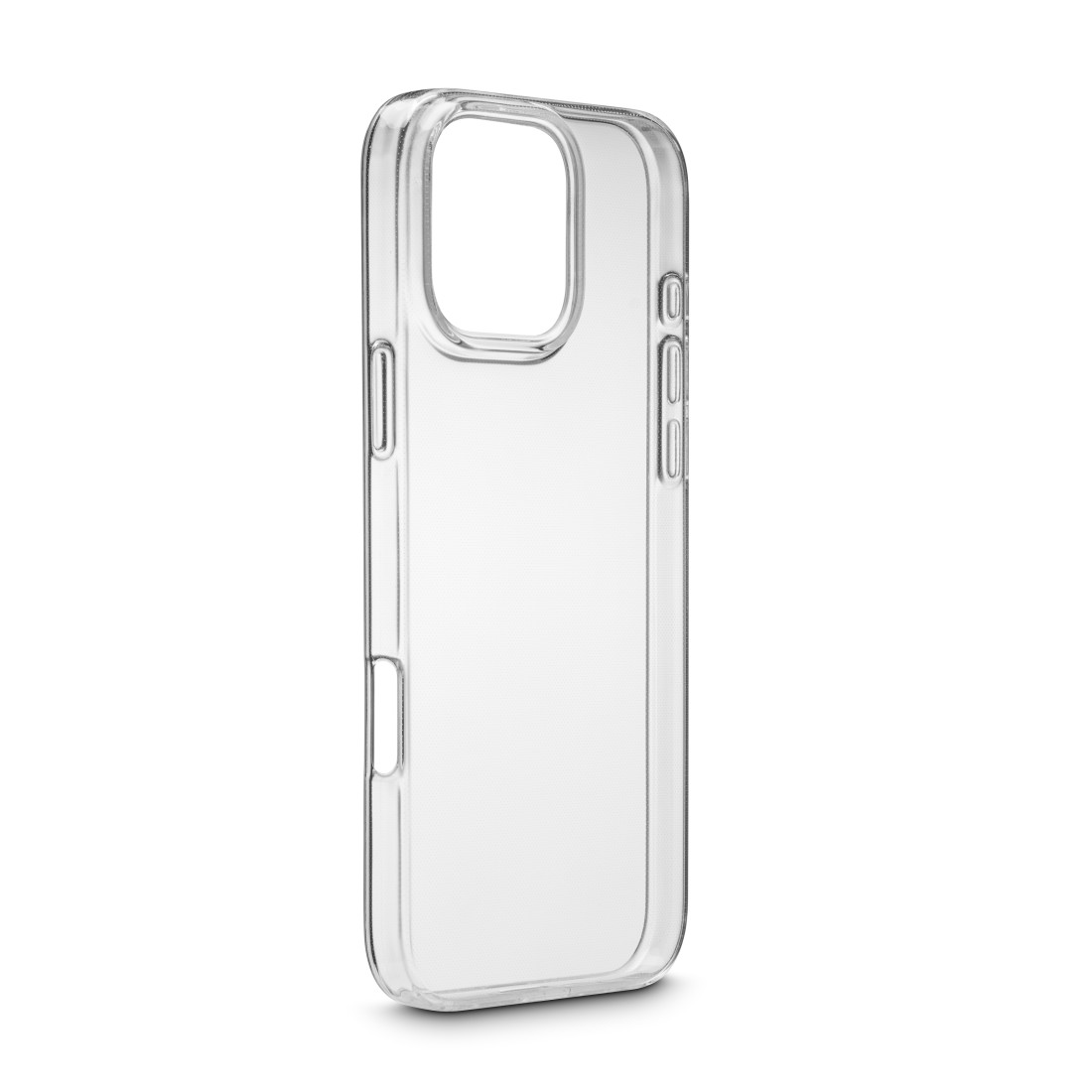 Eine transparente Handyhülle mit Aussparungen für Kamera und Seitentasten. Sie ist transparent und schlank.