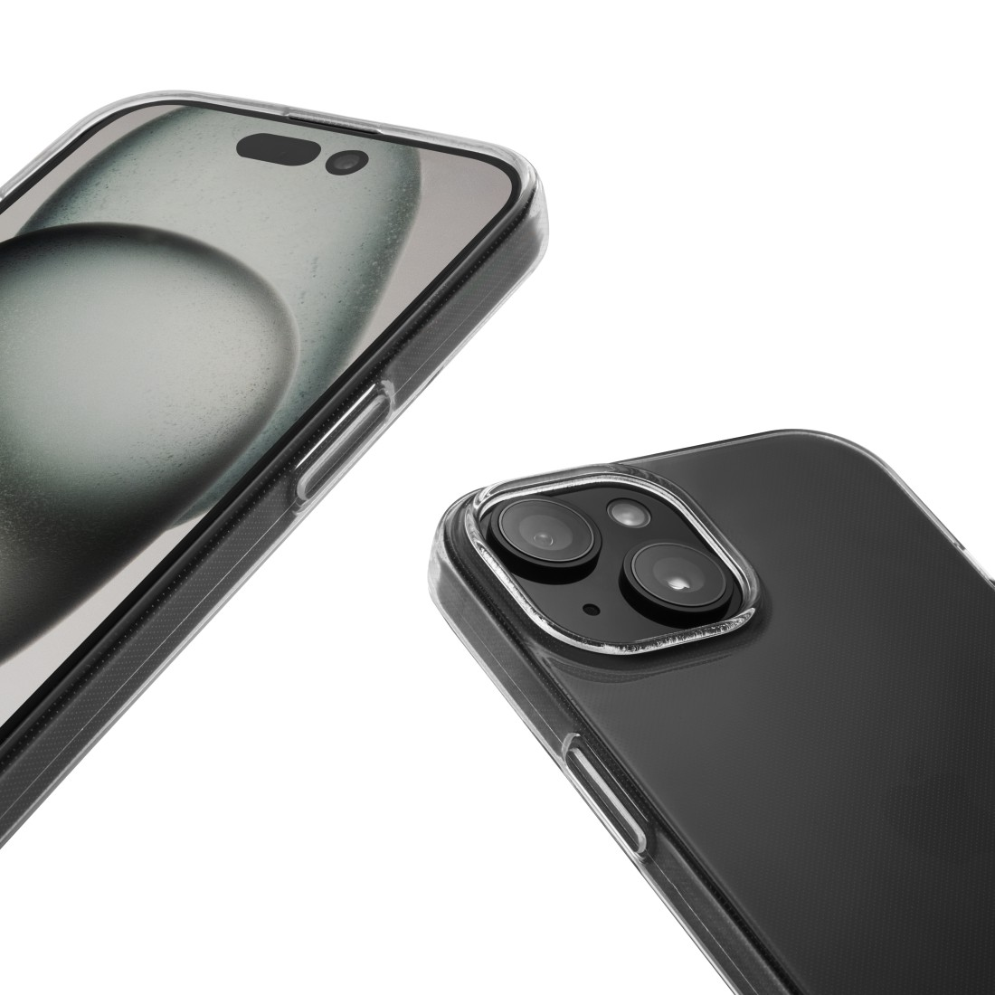 Nahaufnahme eines Telefons mit transparenter Hülle. Das Telefon hat einen Bildschirm und ein Kameramodul.