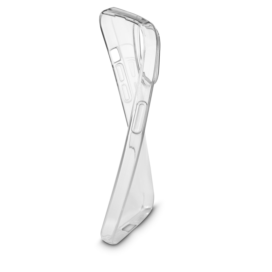Eine transparente, flexible Handyhülle, verdreht, um ihre Form und Transparenz zu zeigen.
