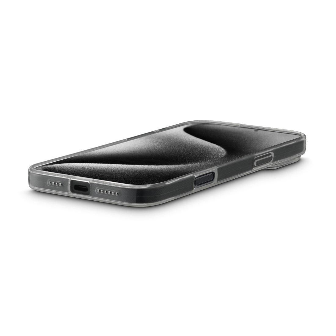Transparente Handyhülle auf weißem Hintergrund, Seitenansicht, mit Telefon darin.