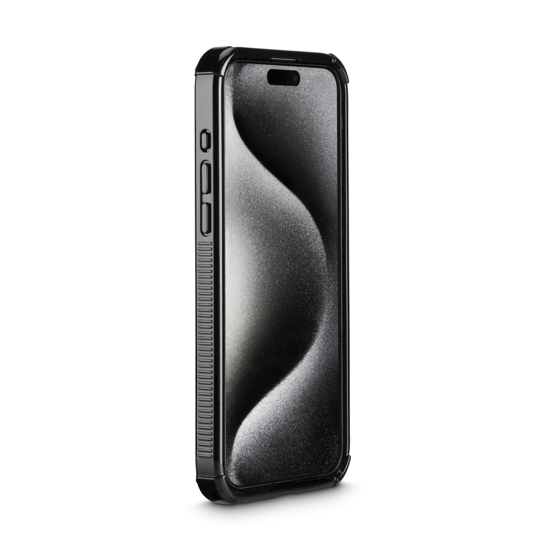 Schwarzes Smartphone in einer schwarzen Hülle, auf weißem Hintergrund.