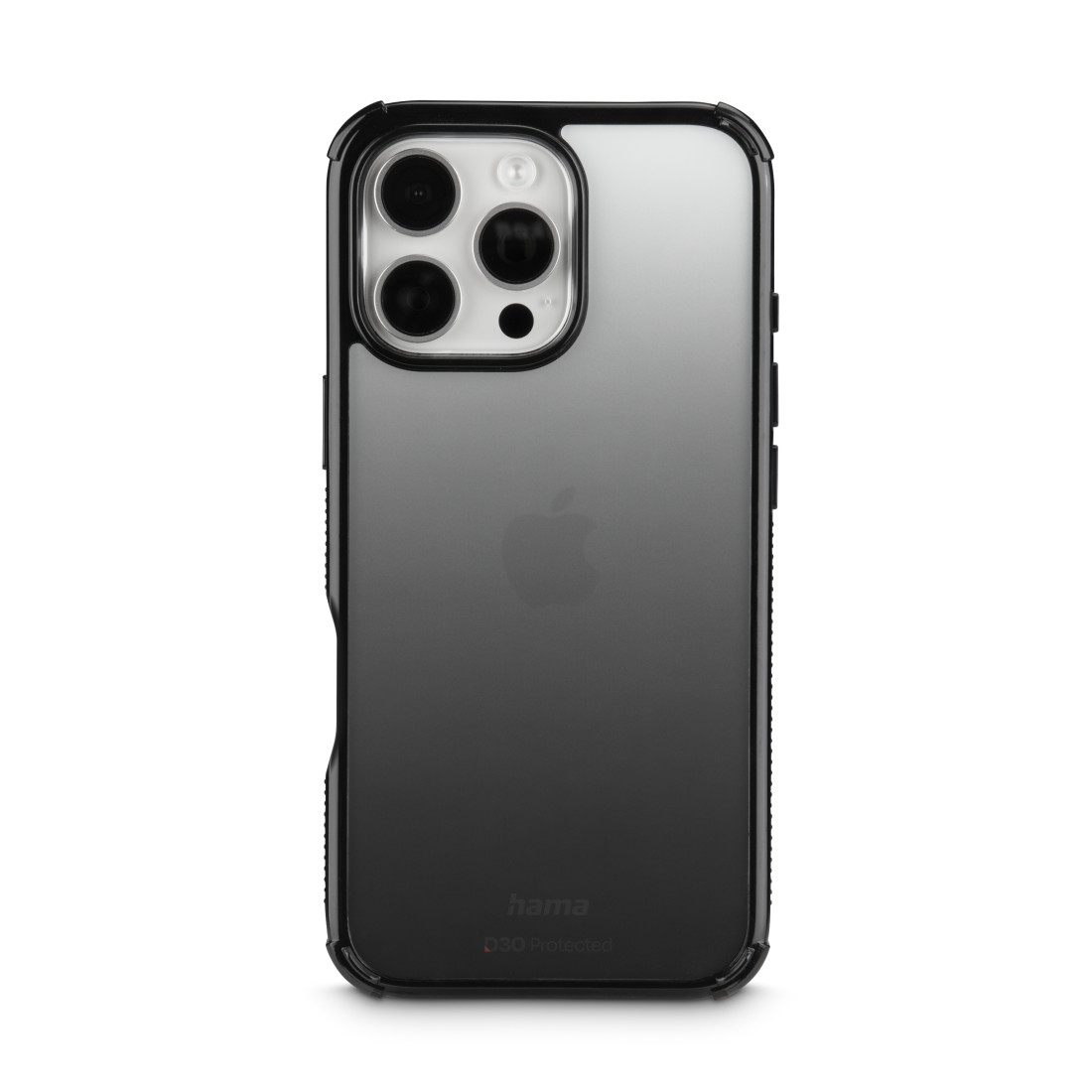 Telefon in schwarzer und klarer Hülle, die Rückseite des Telefons zeigend.