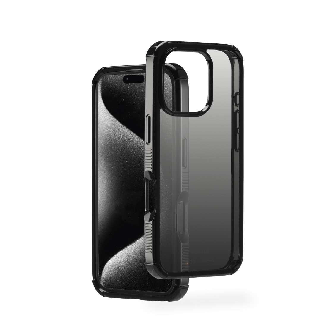Ein iPhone in einer schwarzen, transparenten Hülle. Die Hülle ist geöffnet, das Telefon ist sichtbar. Weißer Hintergrund.