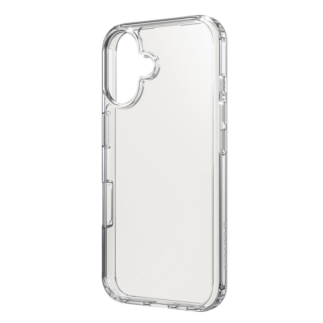 Klare Handyhülle. Transparenter Kunststoff mit Kamera- und Knopfausschnitten. Angewinkelte Seitenansicht.