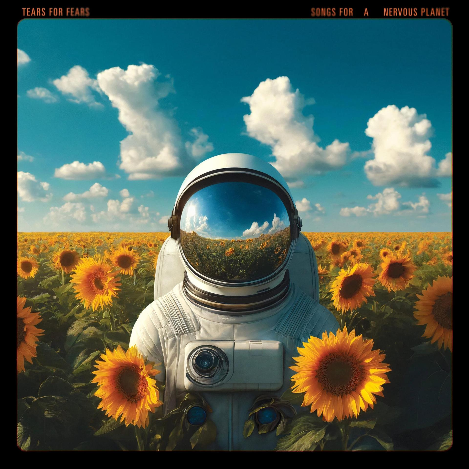 Albumcover mit Astronaut in Sonnenblumen, Himmel spiegelnd. Titel: Songs for a Nervous Planet.
