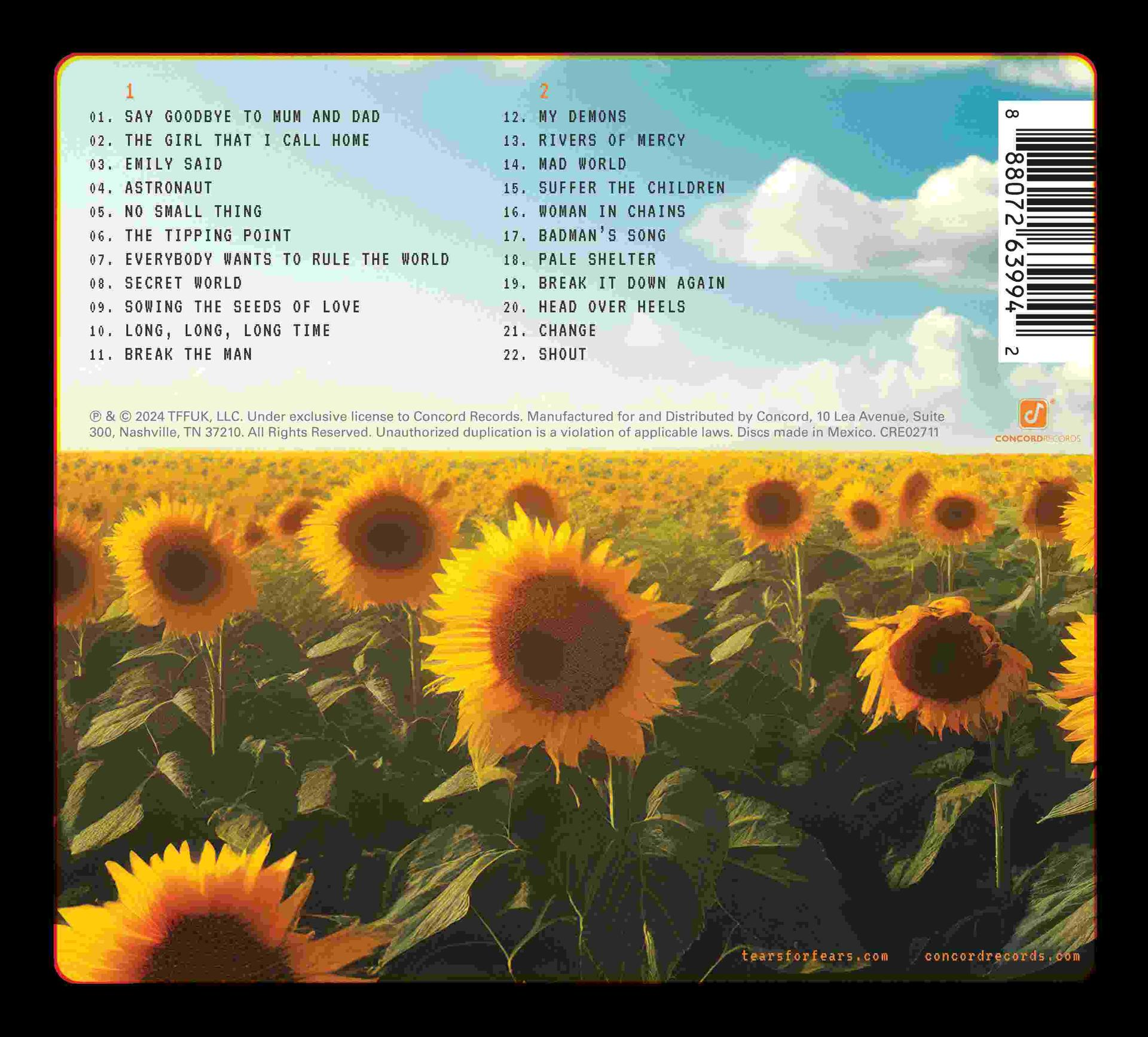 Rückseite der CD-Hülle mit Albumcover von Sonnenblumen, mit Text und Titelliste.
