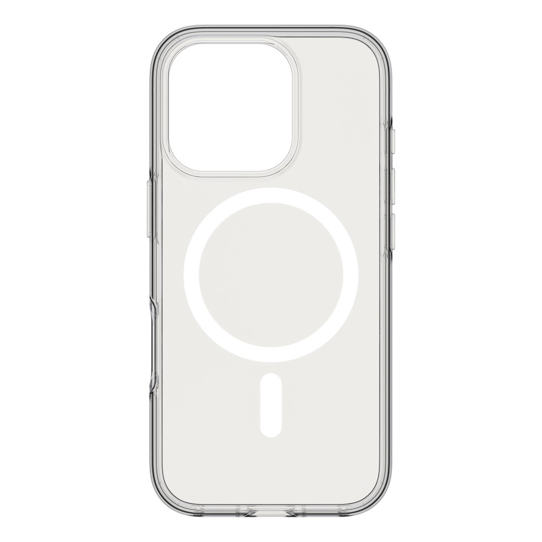 Transparente iPhone Hülle mit weißem kreisförmigen MagSafe Design. Die Hülle ist transparent.