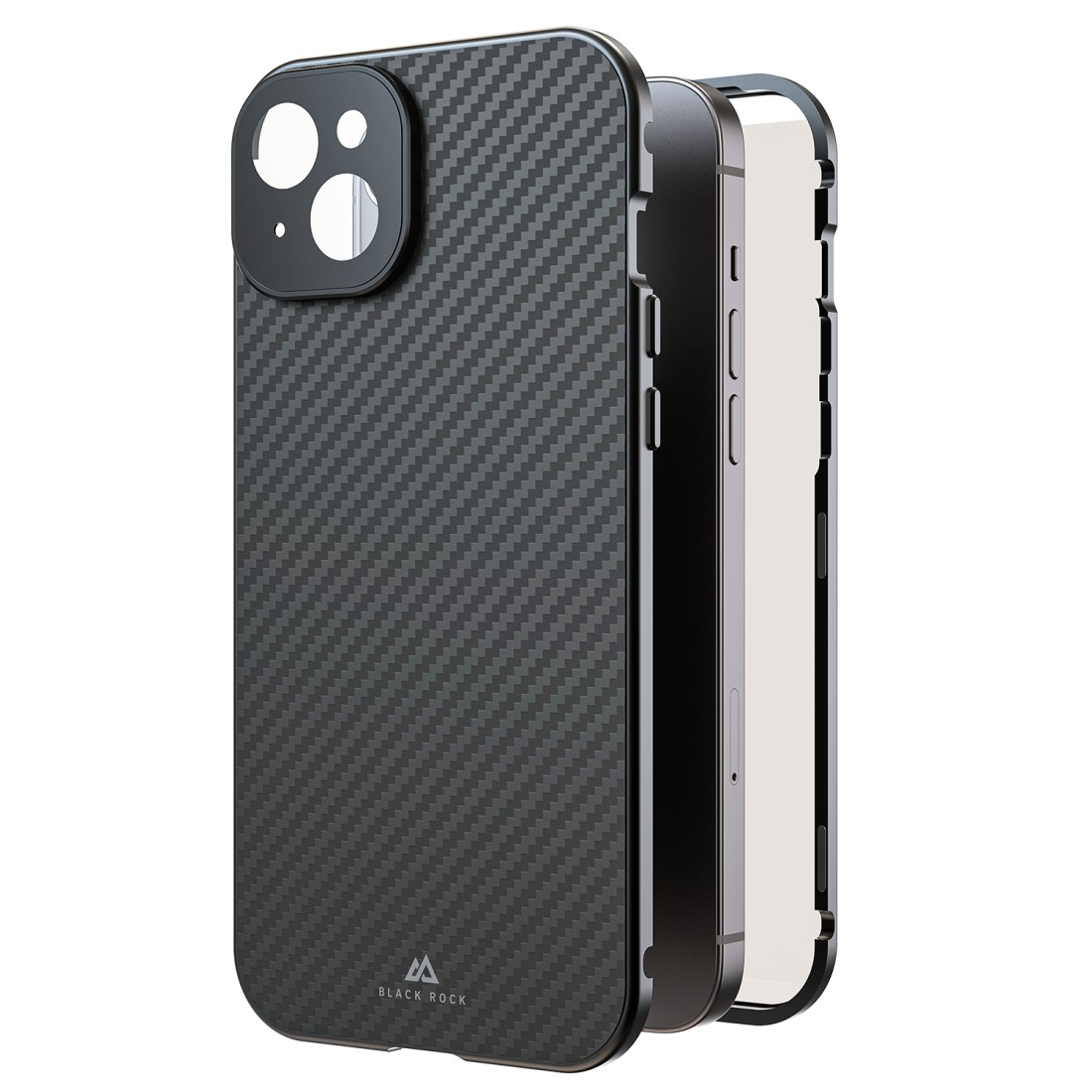 Schwarze Handyhülle mit Karbonfaser-Design und Telefon.