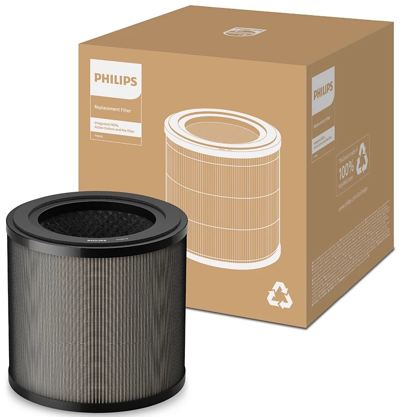 Filtr powietrza i jego pudełko. Biały tekst na pudełku: Filtr zamienny Philips.