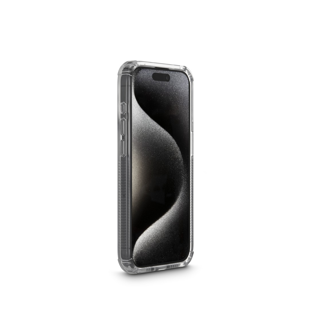 Transparente iPhone-Hülle auf weißem Hintergrund, Telefonbildschirm sichtbar, Knöpfe sichtbar.