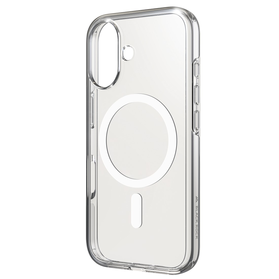 iPhone in transparenter Hülle mit kreisförmigem MagSafe-Design und Black Rock Logo.