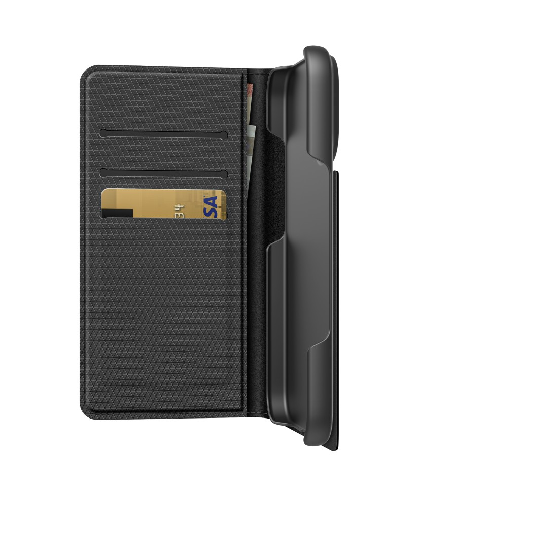 Schwarze Handyhülle im Wallet-Design, mit Kartenfach und Telefonschacht.