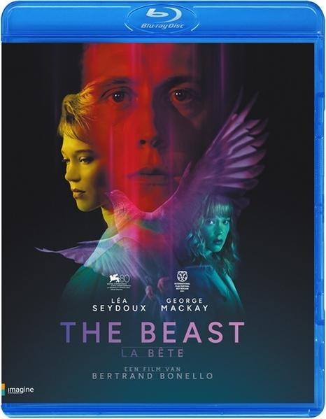 The Beast filmhoes. Gezichten van acteurs, een duif en een blauwe Blu-Ray case.