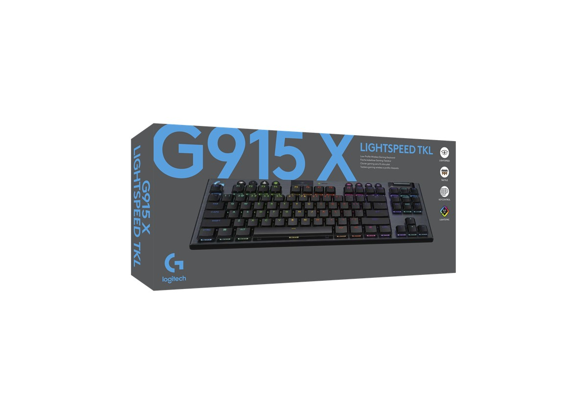 Klavye kutusu: G915 X Lightspeed TKL başlığı. Klavye resmi olan gri kutu.
