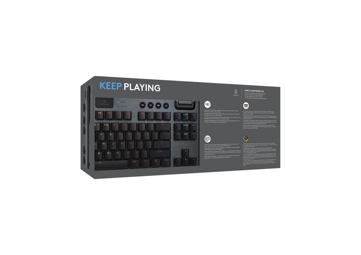 Klavye kutusu, siyah, 'KEEP PLAYING' metni ve klavye görüntüsü, yan tarafta logolarla.