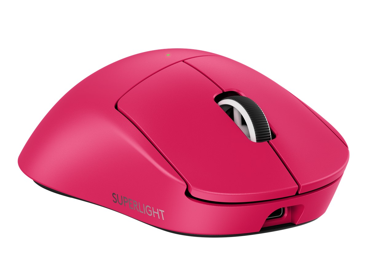 Pembe kablosuz fare. Siyah kaydırma tekerleği. SUPERLIGHT yazılı siyah taban.