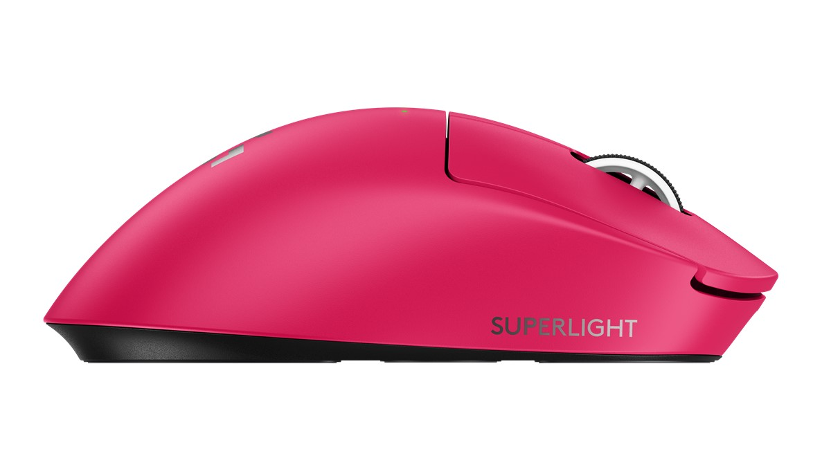 Pembe kablosuz fare. SUPERLIGHT yazılı siyah taban. Yan görünüm.