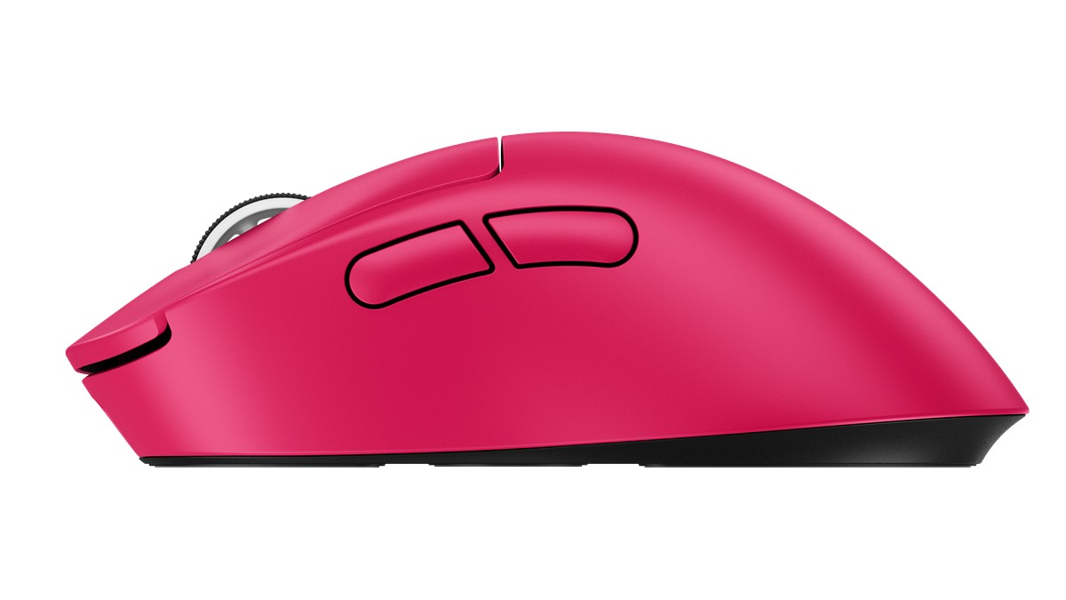 Siyah düğmeler ve kaydırma tekerleği olan pembe ergonomik fare, beyaz arka planda izole edilmiş.