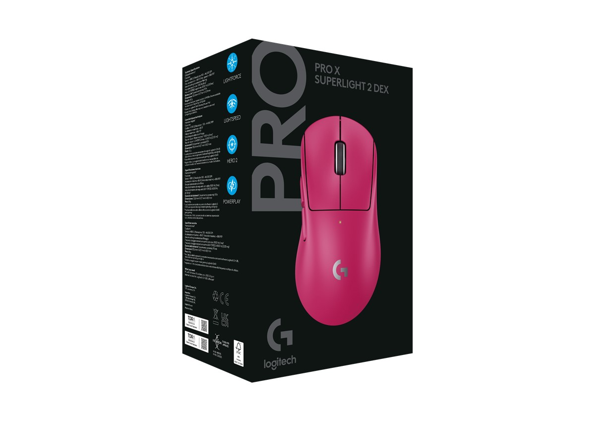 Pembe Logitech Pro X Superlight 2 Dex fare. Kutu siyah beyaz.